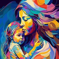 a woman holding a child in her arms with colorful paint strokes on the face and shoulders