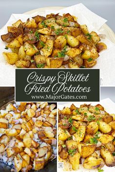 crispy potato fried potatoes with parsley on top and in the bottom are four different ways to cook them