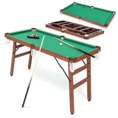 two pool tables with cues and balls on them, one is green and the other is brown