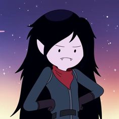 an anime character with long black hair and red scarf on, standing in front of the night sky