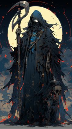 a grimter with a scythe standing in front of a full moon and skull