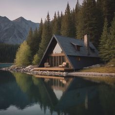 a cabin on the shore of a lake with mountains in the background