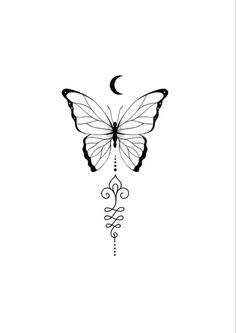 a black and white drawing of a butterfly with the moon in the sky above it