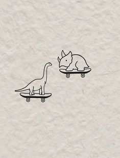 an image of two dinosaurs riding skateboards on the same board as one rhinoceros