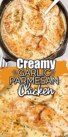 creamy garlic parmesan chicken in a cast iron skillet