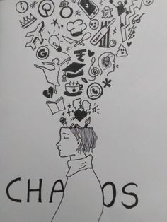 a drawing of a person's head with the word chaos above it, surrounded by icons