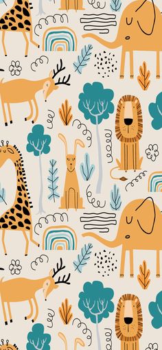 an animal themed wallpaper with giraffes, zebras and other animals