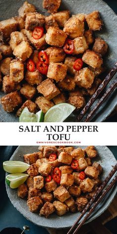 salt and pepper tofu is served on a plate with chopsticks next to it