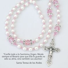 Diy Rosary Necklace, Baby Christening Gifts, Beaded Rosary, Girl Baptism, Pink Swarovski