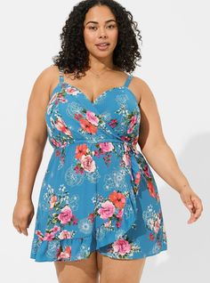 Georgette Surplice Wrap RomperPlus Size Georgette Surplice Wrap Romper, HAPPINESS FLORAL BLUESTEEL Black Beachwear, Womens Romper, Kimono Shrug, Flower Romper, First Cruise, Summer Items, Wrap Romper, Plus Size Romper, Mha Oc