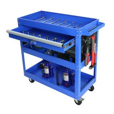 a blue workbench with tools on the top and two shelves below it for storage