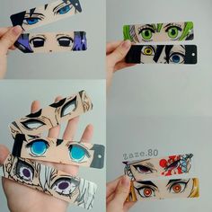 four different images of anime eyes and their features are being held up by someone's hand