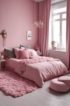 a bedroom with pink walls and white flooring is decorated in shades of grey and pink