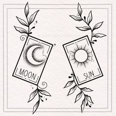 two sun and moon tattoo designs with leaves on them, one is black and the other is white