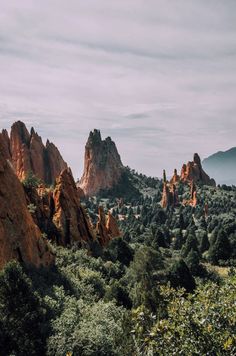 the mountains are surrounded by trees and bushes