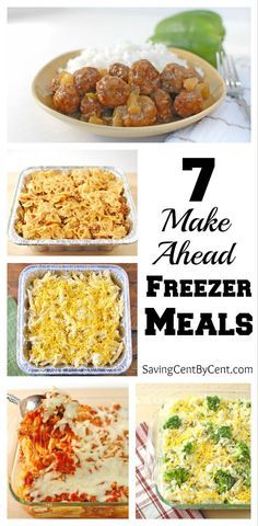 seven meals that are ready to be eaten in the freezer and on the table