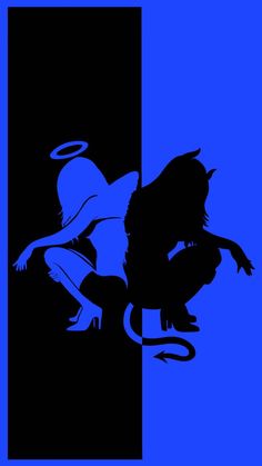 the silhouette of a monkey is shown against a blue and black background with an angel on it