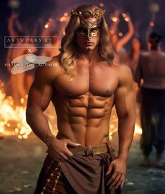 a man with no shirt on standing in front of fire and wearing a gold mask