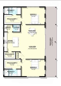 the floor plan for an apartment with three bedroom and two bathrooms, including one living room