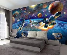 an image of a bedroom scene with space and planets