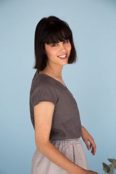 MsWrinkle’s clothing – from human to human.  100% handmade.*Description*- Simple linen top with short sleeves, V neckline and seam on the front and back;- High quality European linen;- Washed and softened (doesn't shrink anymore);- Medium weight linen (150 g/m2);- Our linen is OEKO-TEX certified that meets human ecological safety requirements;- Model is wearing size S in dark brown, elephant grey, white, sky blue and greenish mustard (other sizes and colors please choose on the right);- Not tran Relaxed Fit V-neck Short Sleeve Top For Summer, Casual V-neck Fitted Top, Cotton V-neck Summer Top, V-neck Cotton Top For Summer, Summer V-neck Fitted Blouse, Versatile Cotton V-neck Tops, Versatile Fitted V-neck Top, Summer Fitted V-neck Blouse, Fitted V-neck Short Sleeve Top For Summer