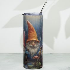 a cup with an image of a gnome holding a mushroom on the side and a straw in it