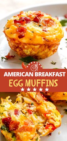 an egg muffin on a white plate with the words american breakfast egg muffins