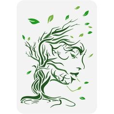 a drawing of a woman's face with green leaves on it