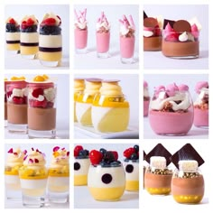 there are many different desserts in glass jars