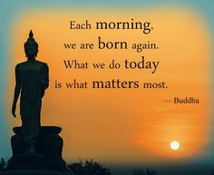 buddha quote about good morning with sunset in the backgroung and behind it is an image of a statue