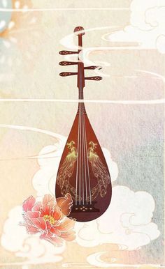 a painting of a musical instrument with flowers in the foreground and clouds in the background