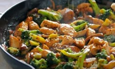 chicken and broccoli stir fry in a skillet