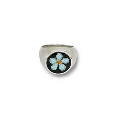 Silver & Enamel Ring - This cheery, sterling silver signet ring was hand-carved in wax then cast in sterling silver; the flower was created using the cloisonne technique then enameled and kiln-fired multiple times to achieve the desired result. This one-of-a-kind ring is a size 6. Silver Signet Ring, Artful Home, Enamel Ring, Silver Enamel, Flower Ring, Blue Flower, Signet Ring, Kiln, Blue Flowers