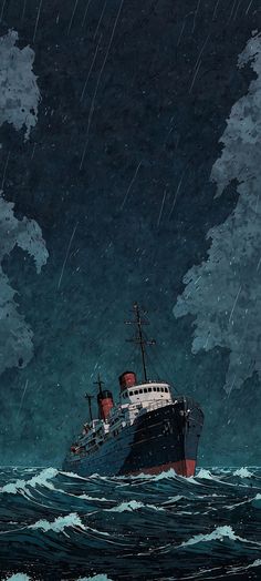 a painting of a ship in the middle of the ocean with rain coming down on it