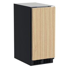 a black and wood refrigerator freezer sitting on top of a white background with the door open