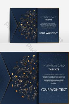 an elegant blue and gold wedding card with golden leaves on the front, side and back