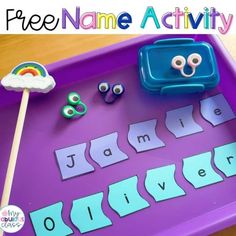 a purple tray with some letters and magnets on it that says free name activity