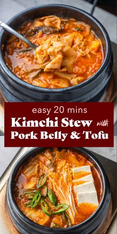 two bowls of kimchi stew with pork belly and tofu are shown side by side