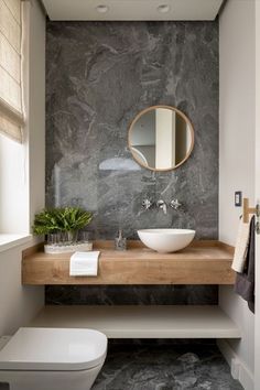 a white toilet sitting next to a bathroom sink under a mirror above a wooden counter