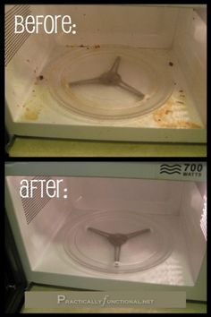 before and after pictures of an old microwave with water in the bottom left and top right