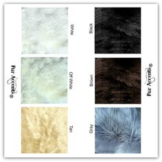 four different colors of faux fur with the names on each side and an animal's fur