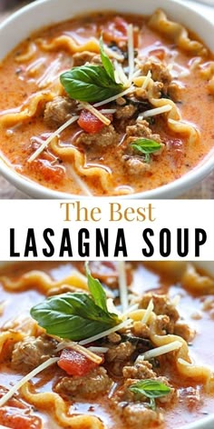 the best lasagna soup in a white bowl