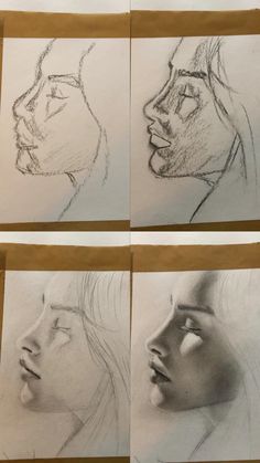 four different views of the same person's face and head, each with their own pencil