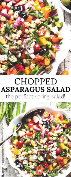 two plates filled with different types of vegetables and the words chopped asparagus salad