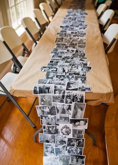 a long table with pictures on it