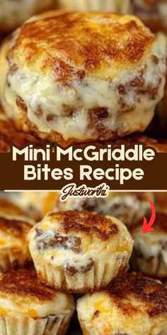 mini mcgridle bites recipe with cheese on top and the title above it