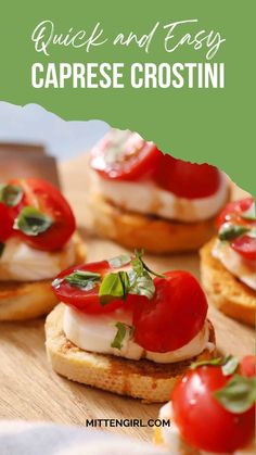 mini caprese crostini with tomatoes and mozzarella sauce on top