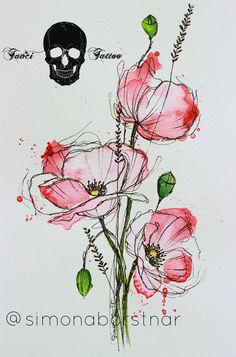 some pink flowers and a black skull on a white paper with watercolor inks