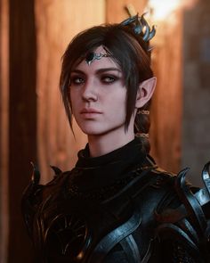 an image of a woman with dark hair and piercings on her head wearing armor