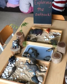 children are playing with dinosaurs and rocks in their sandboxes at the playroom